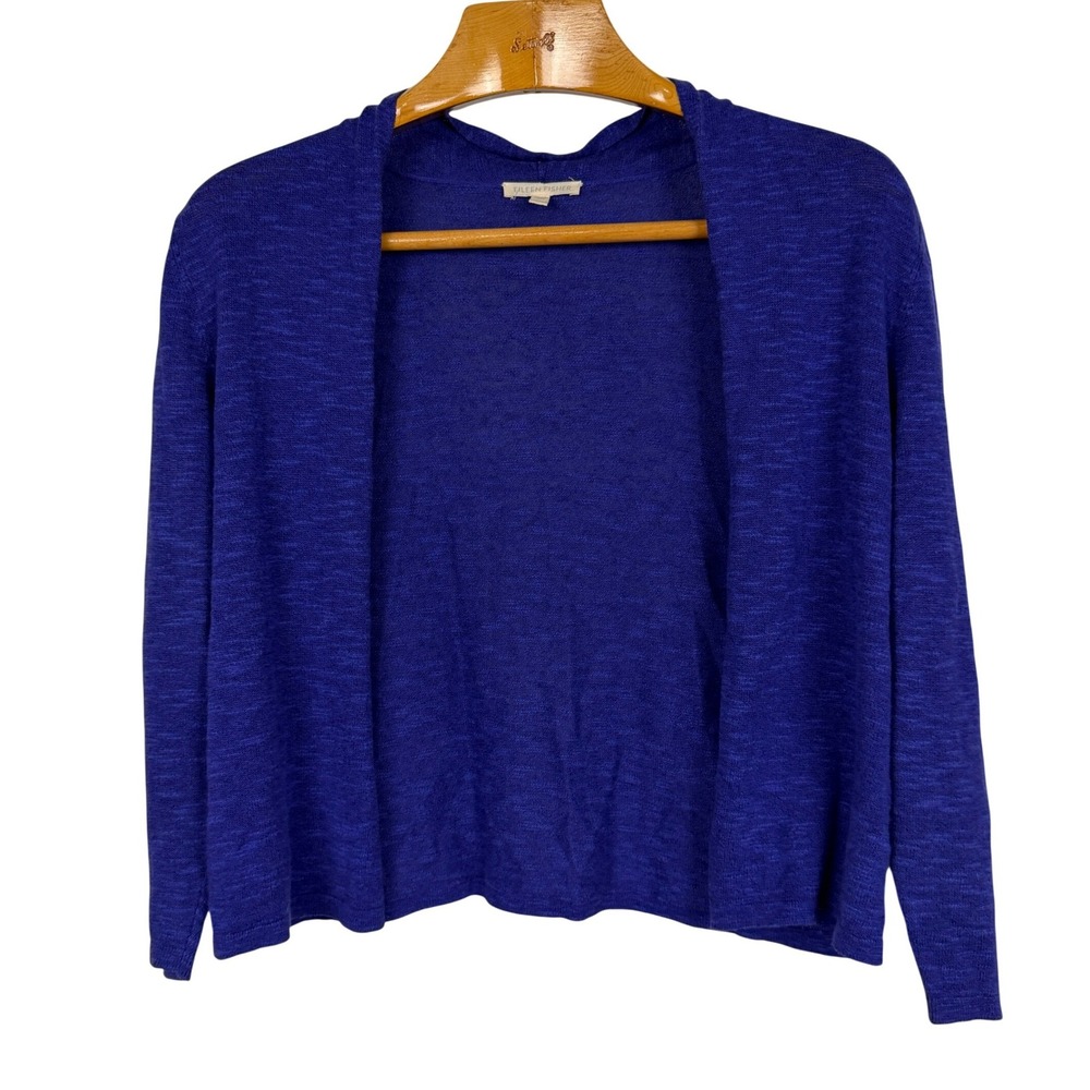 Eileen Fisher Cardigan Open Front S Blue Organic Linen Cotton Knit Sweater